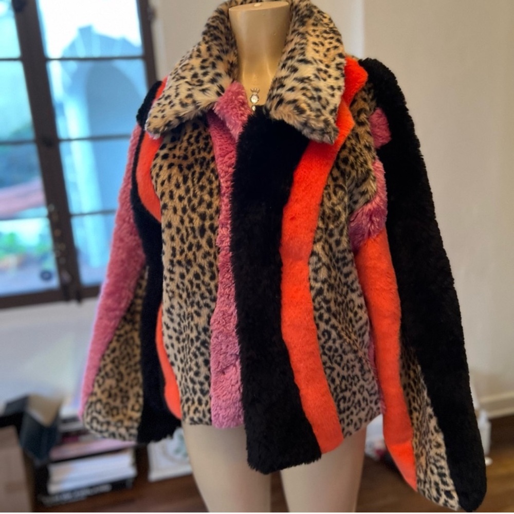 NO DRESS leopard print and multicolored faux fur coat size S
